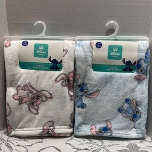 Disney Baby Pink Angel & Blue Stitch Soft Plush Cuddly Baby Blanket Set